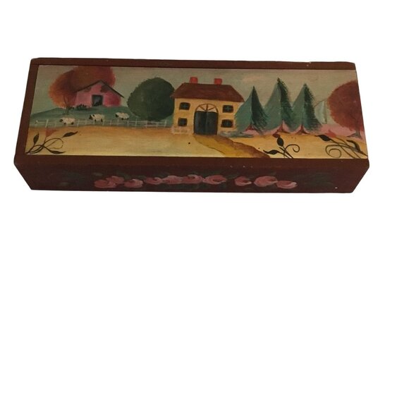Hand Painted Wood Slide Top Box Cottage Farm Scene Teacher Gift Vintage Decor 8" - Picture 5 of 6
